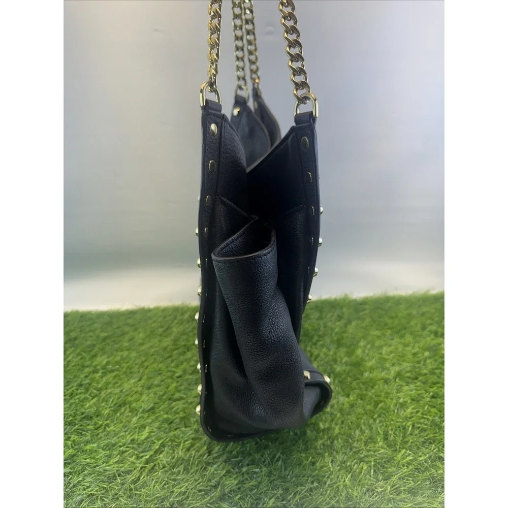MICHAEL KORS Newbury Black STUDDED Gold Chain BLACK Leather HOBO Bag Tote Purse